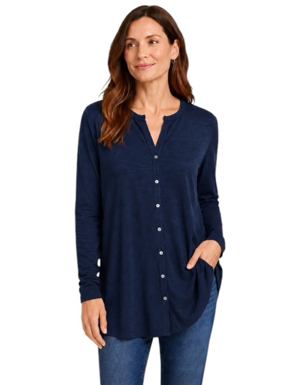 J. Jill - NWT Blue Pima Cotton Button Front Long Sleeve Tunic Top Sz L